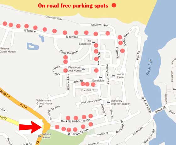 Whitby map showing all the on road free parking spots on the west side of the town